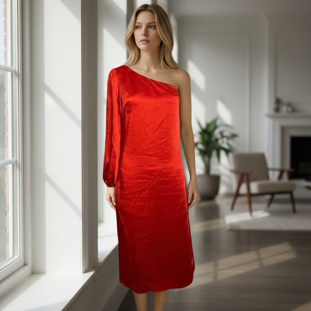 🟡 Skies Are Blue One Shoulder Red Satin Long Sleeve Dress Size